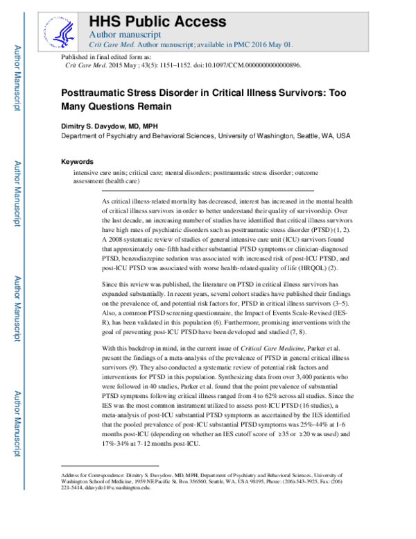 (PDF) Posttraumatic Stress Disorder in Critical Illness Survivors
