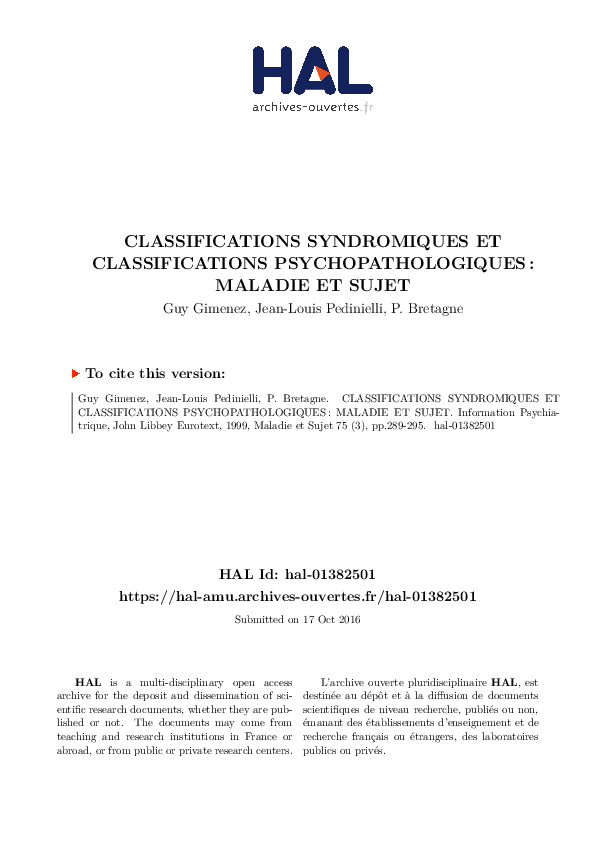 (PDF) Syndromic classifications and psychopathological classifications ...