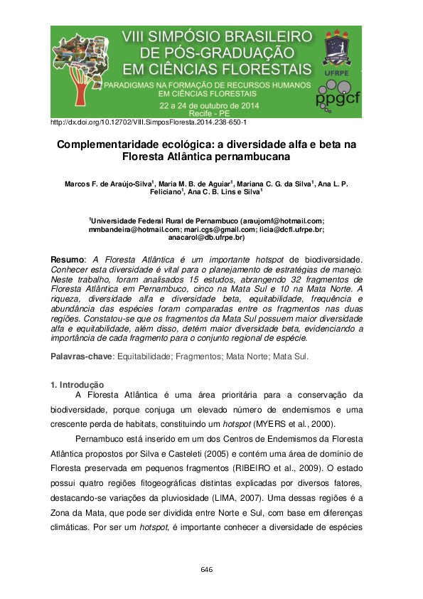 (PDF) Complementaridade ecológica: a diversidade alfa e beta na ...