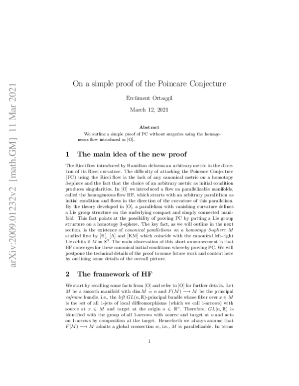 (PDF) On a simple proof the Poincare Conjecture