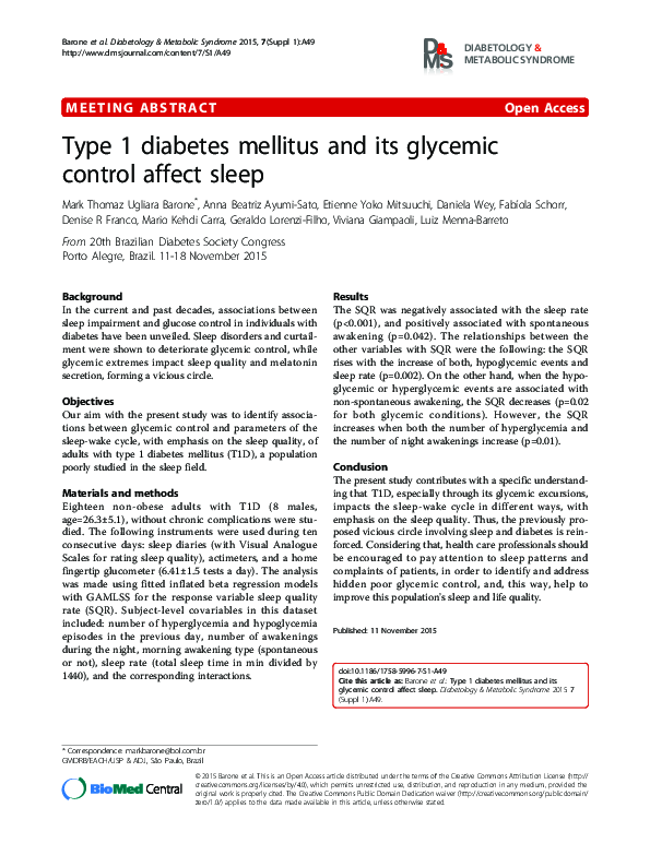 (PDF) Type 1 diabetes mellitus and its glycemic control affect sleep