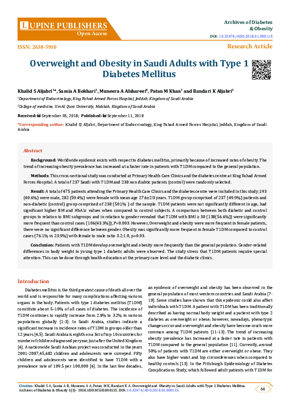 (PDF) Overweight and Obesity in Saudi Adults with Type 1 Diabetes Mellitus