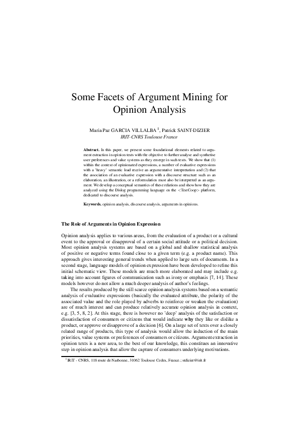 (PDF) Some Facets of Argument Mining for Opinion Analysis