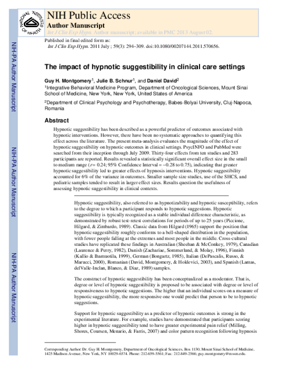 (PDF) The Impact of Hypnotic Suggestibility In Clinical Care Settings