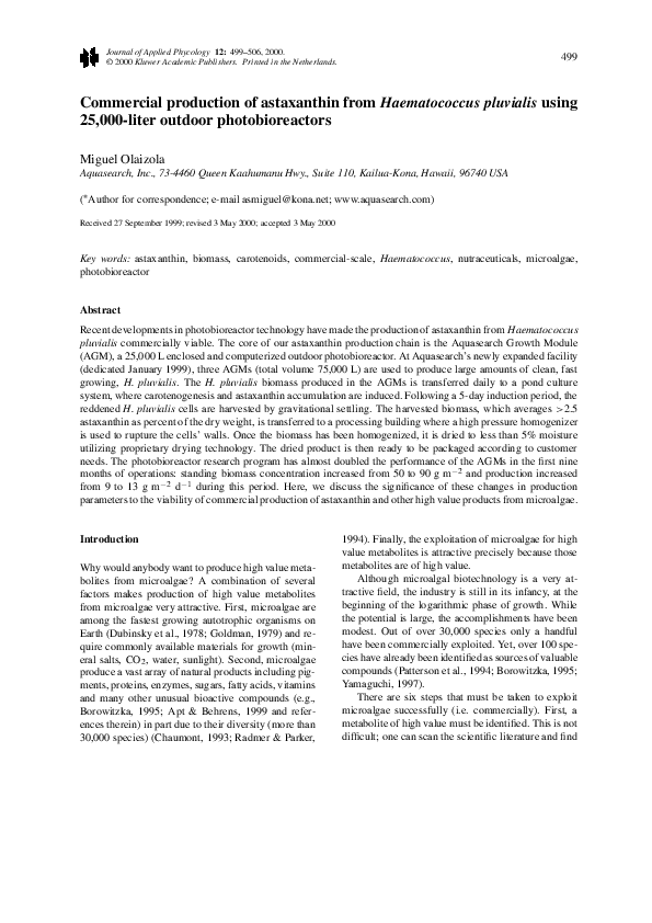 (PDF) Commercial production of astaxanthin from Haematococcus pluvialis ...