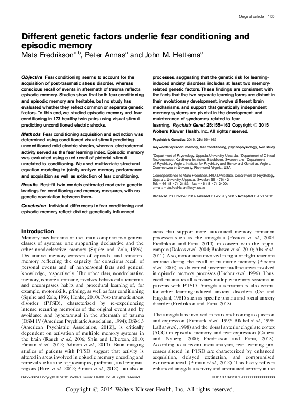 (PDF) Different genetic factors underlie fear conditioning and episodic ...