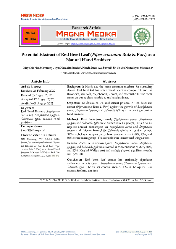(PDF) Potential Ekstract Of Red Betel Leaf (Piper crocatum Ruiz & Pav ...