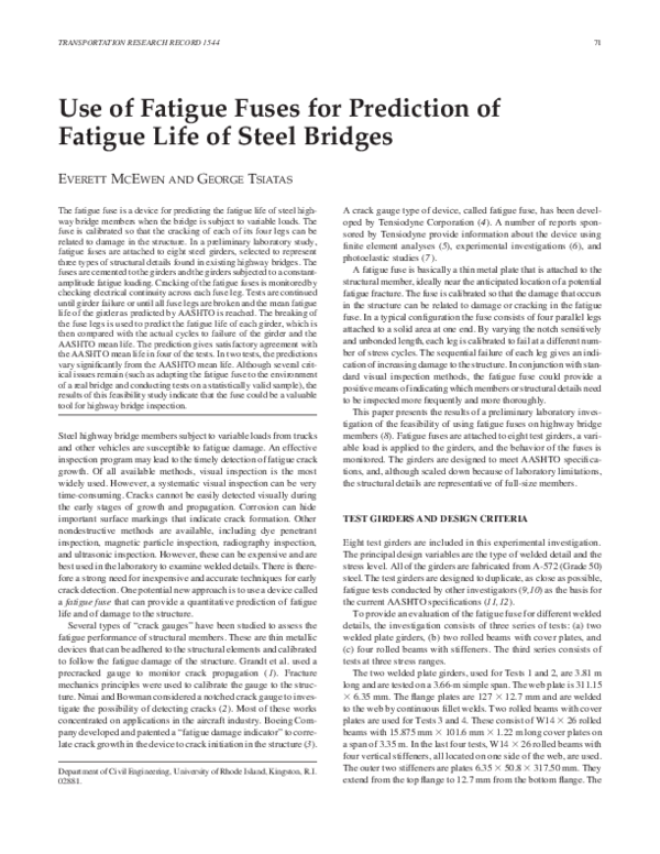 (PDF) Use of Fatigue Fuses for Prediction of Fatigue Life of Steel Bridges