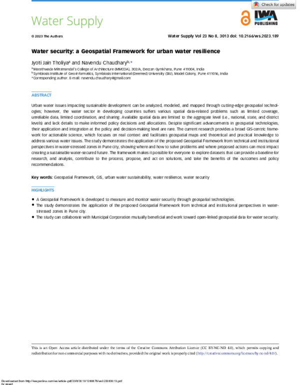 (PDF) Water Security: A Geospatial Framework for Urban Water Resilience