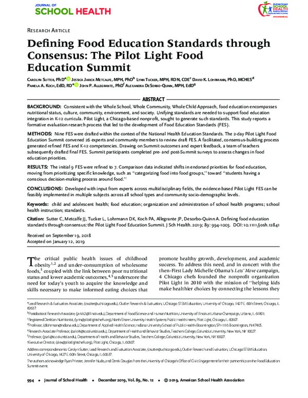 (PDF) Defining Food Education Standards through Consensus: The Pilot ...