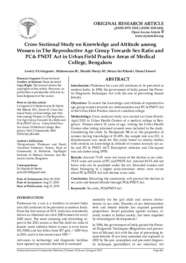 (PDF) Cross Sectional Study on Knowledge and Attitude among Women in ...