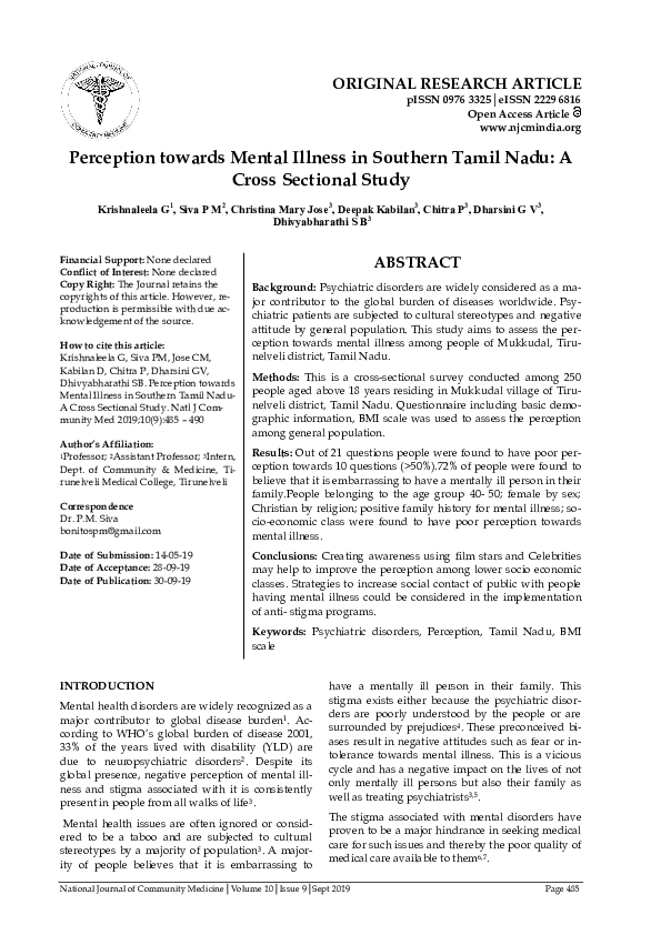 (PDF) Perception towards Mental Illness in Southern Tamil Nadu-A Cross ...