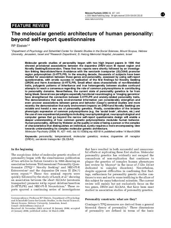 (PDF) The molecular genetic architecture of human personality: beyond ...