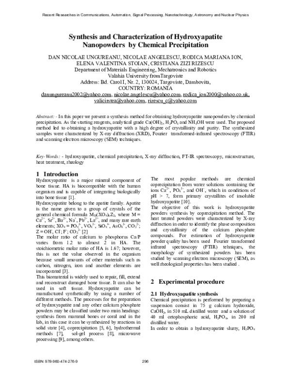 (PDF) Synthesis and characterization of hydroxyapatite nanopowders by ...