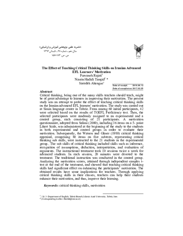 (PDF) The Effect of Teaching Critical Thinking Skills on Iranian ...