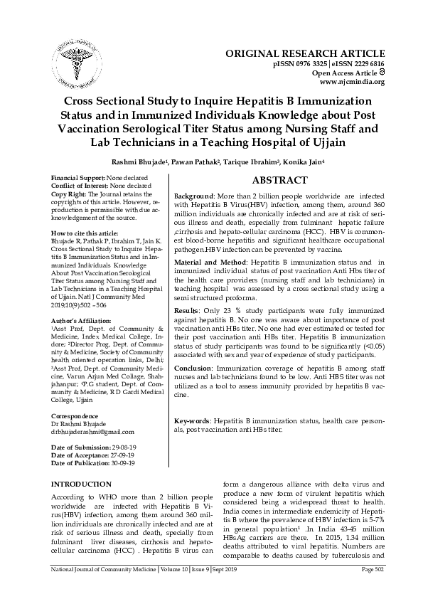 (PDF) Cross Sectional Study to Inquire Hepatitis B Immunization Status ...