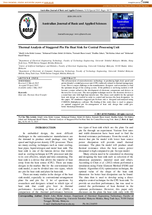 (PDF) Thermal Analysis of Staggered Pin Fin Heat Sink for Central ...
