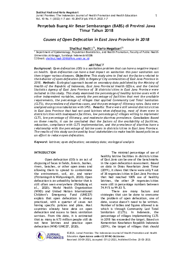 (PDF) Causes of Open Defecation in East Java Province in 2018