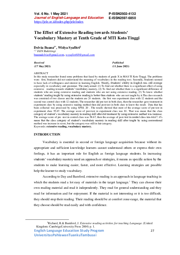 (PDF) The Effect of Extensive Reading Towards Students’ Vocabulary Mastery