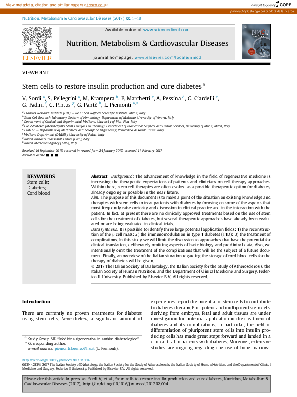 (PDF) Stem cells to restore insulin production and cure diabetes