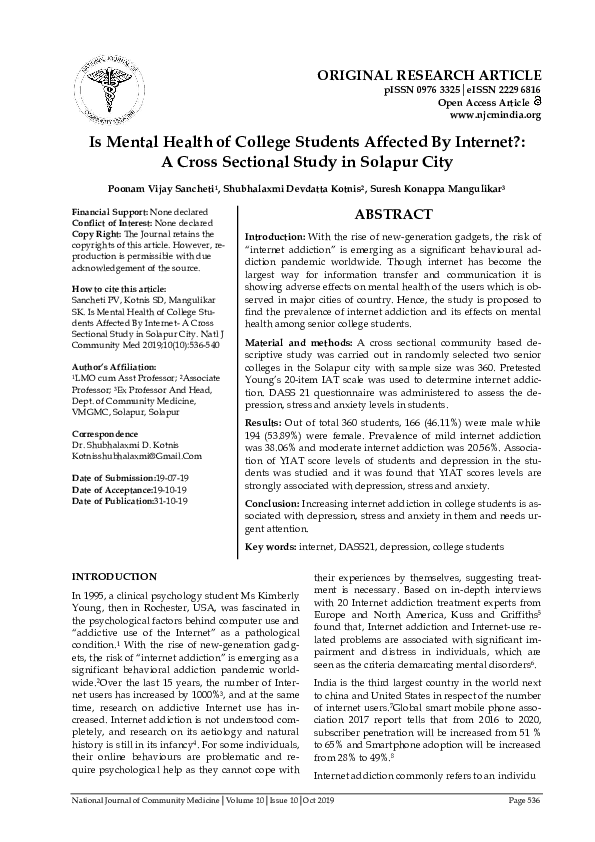 (PDF) Is Mental Health of College Students Affected By Internet- A ...