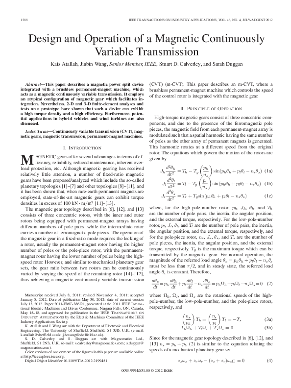 (PDF) Design and Operation of a Magnetic Continuously Variable Transmission