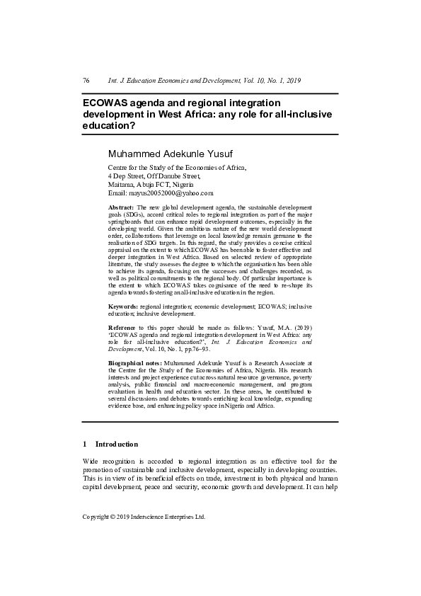 (PDF) ECOWAS agenda and regional integration development in West Africa ...