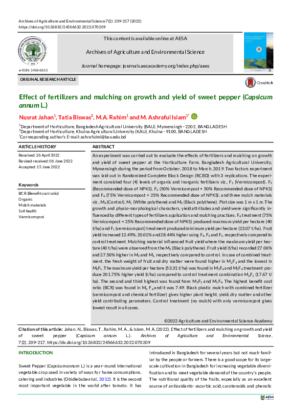 (PDF) Effect of fertilizers and mulching on growth and yield of sweet ...