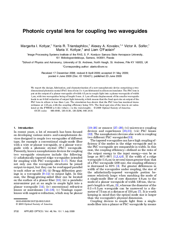 (PDF) Photonic crystal lens for coupling two waveguides | Yanis ...