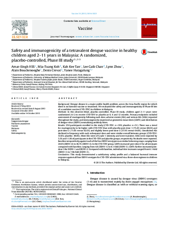 (PDF) Safety and immunogenicity of a tetravalent dengue vaccine in ...