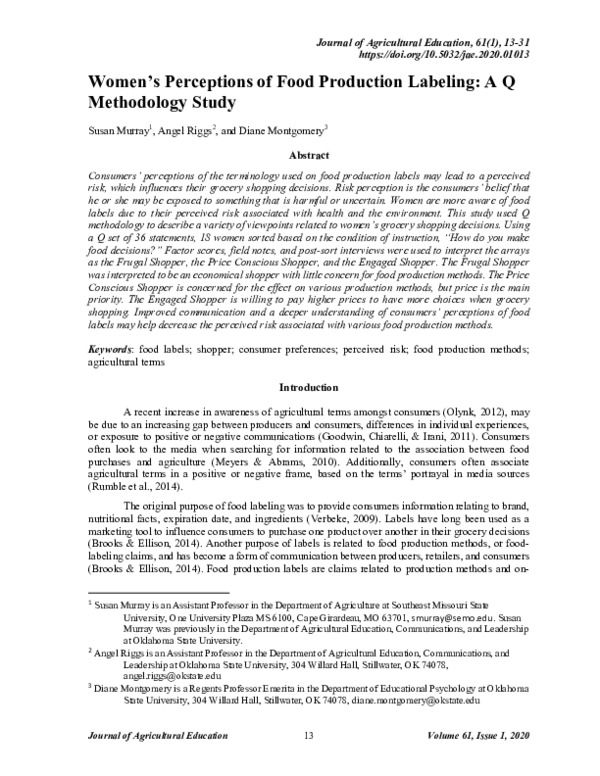 (PDF) Women’s Perceptions of Food Production Labeling: A Q Methodology ...