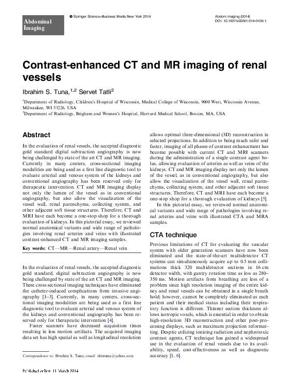 (PDF) Contrast-enhanced CT and MR imaging of renal vessels