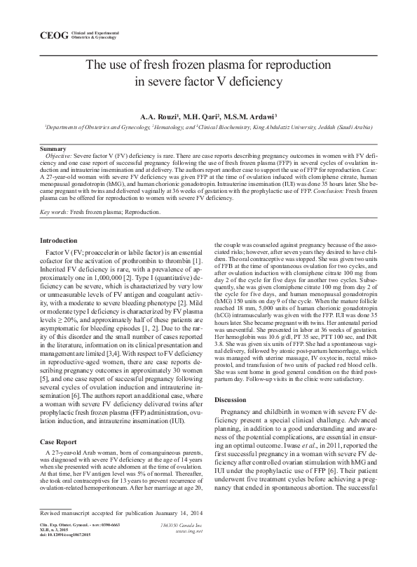 (PDF) The use of fresh frozen plasma for reproduction in severe factor ...