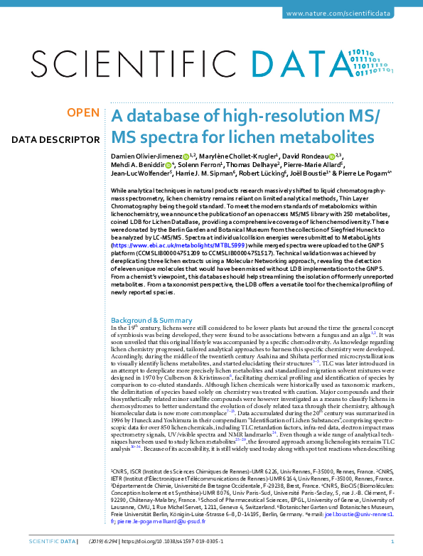 (PDF) A database of high-resolution MS/MS spectra for lichen metabolites