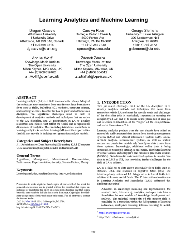 (PDF) Learning analytics and machine learning