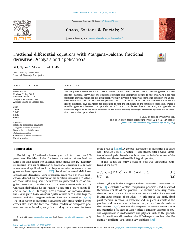 Pdf Fractional Differential Equations With Atangana Baleanu