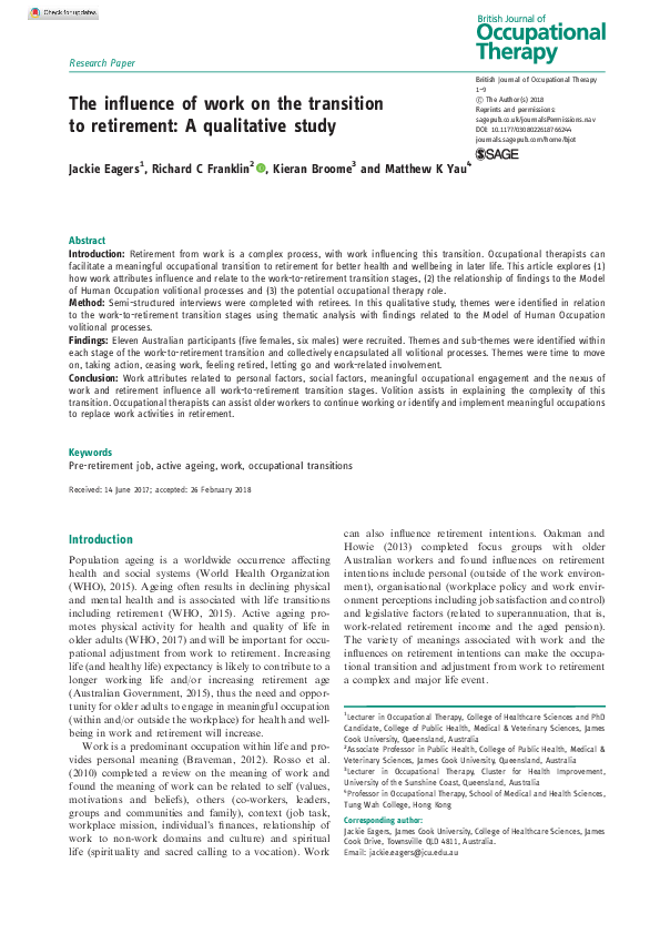 (PDF) The influence of work on the transition to retirement: A ...