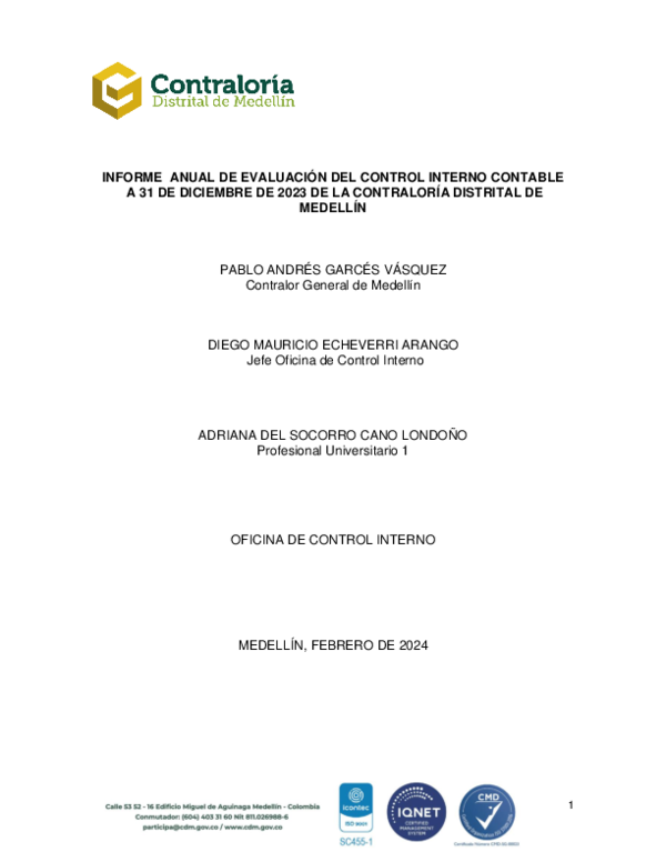 (PDF) INFORME ANUAL DE EVALUACIÓN DEL CONTROL INTERNO CONTABLE A 31 DE ...