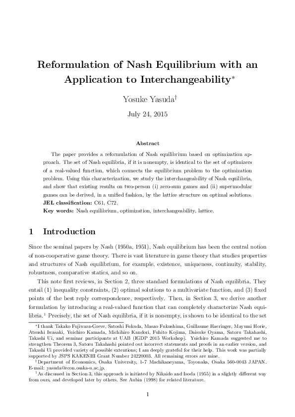 (PDF) Reformulation of Nash Equilibrium with an Application to ...