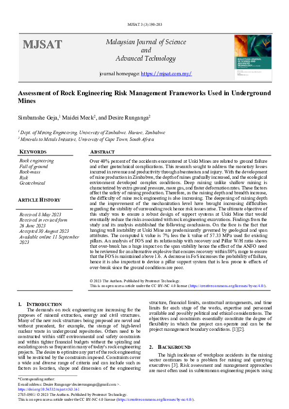 (PDF) Assessment of Rock Engineering Risk Management Frameworks Used in ...
