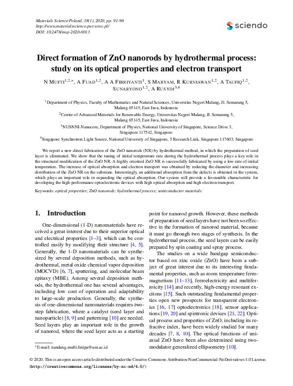(PDF) Direct formation of ZnO nanorods by hydrothermal process: study ...