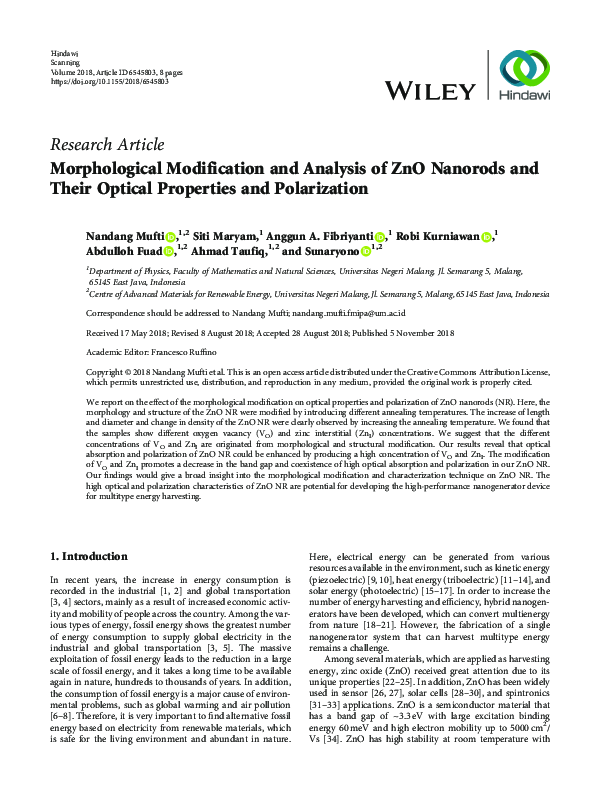 (PDF) Morphological Modification and Analysis of ZnO Nanorods and Their ...