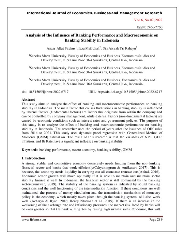 (PDF) Analysis of the Influence of Banking Performance and ...