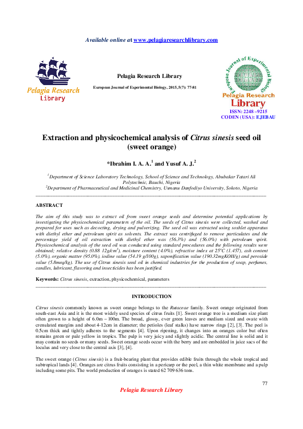 (PDF) Extraction and physicochemical analysis of Citrus sinesis seed ...