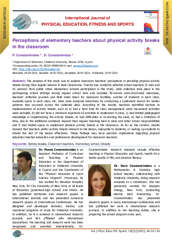 (PDF) Perceptions of elementary teachers about physical activity breaks ...