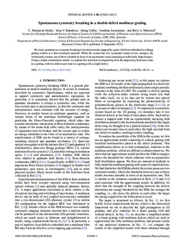 (PDF) Spontaneous symmetry breaking in a double-defect nonlinear grating