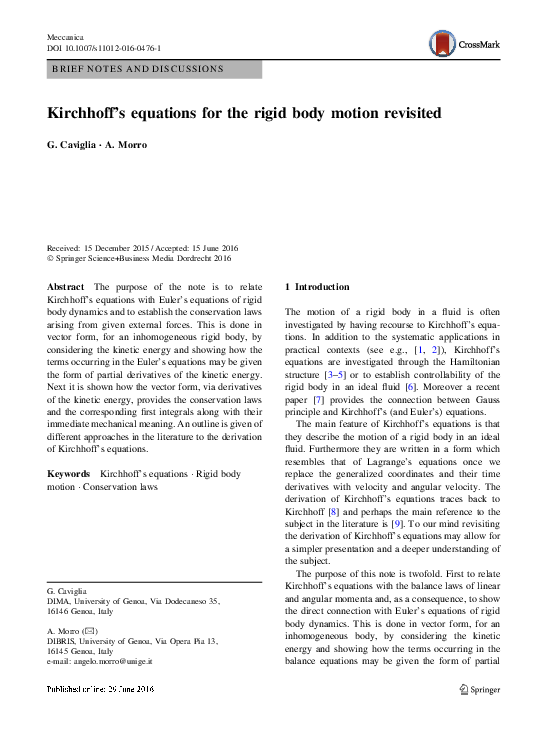 (PDF) Kirchhoff’s equations for the rigid body motion revisited