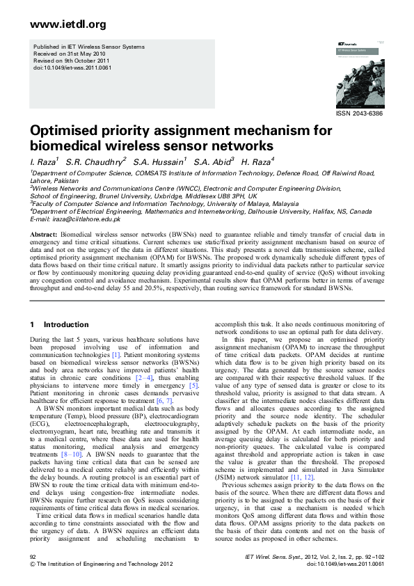 (PDF) Optimised priority assignment mechanism for biomedical wireless ...