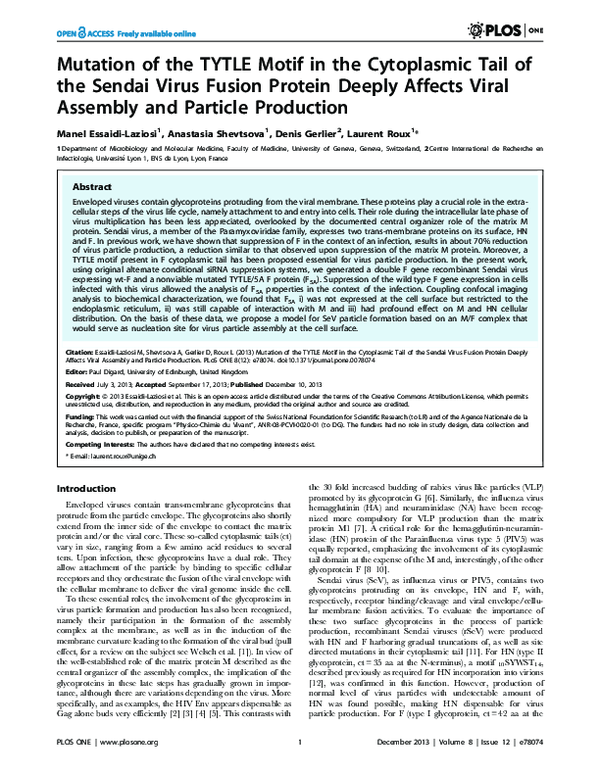 (PDF) Mutation of the TYTLE Motif in the Cytoplasmic Tail of the Sendai ...