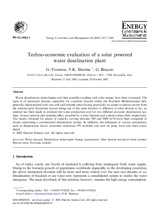 (PDF) Techno-economic evaluation of a solar powered water desalination ...